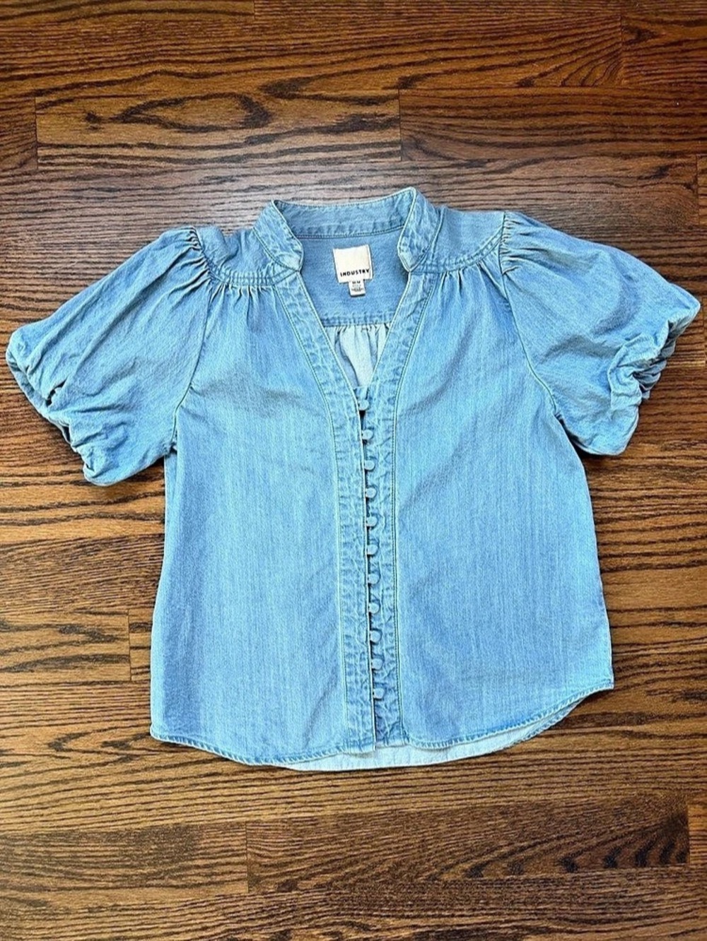Industry Denim Puff Sleeve Blouse in Blue Size Medium